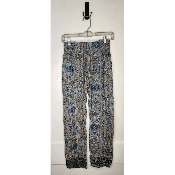 Free People Size XS Blue Mandala Paisley Linen Blend Pants Stretch - Picture 1 of 5
